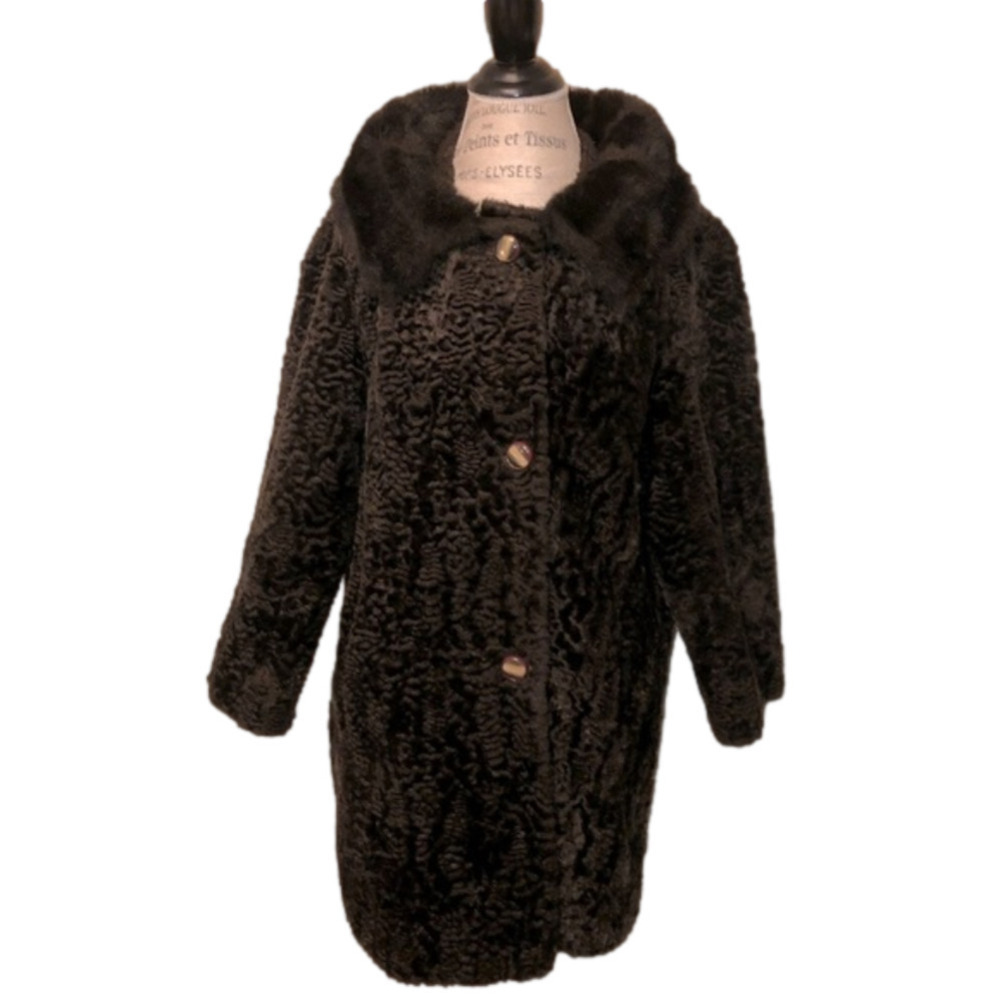 1960s Sheared Faux Fur Pea Coat Single Breasted 3 Button w Collar M/L Vintage - Picture 1 of 10
